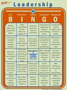 Leadership Bingo game, leadership assessment tool
